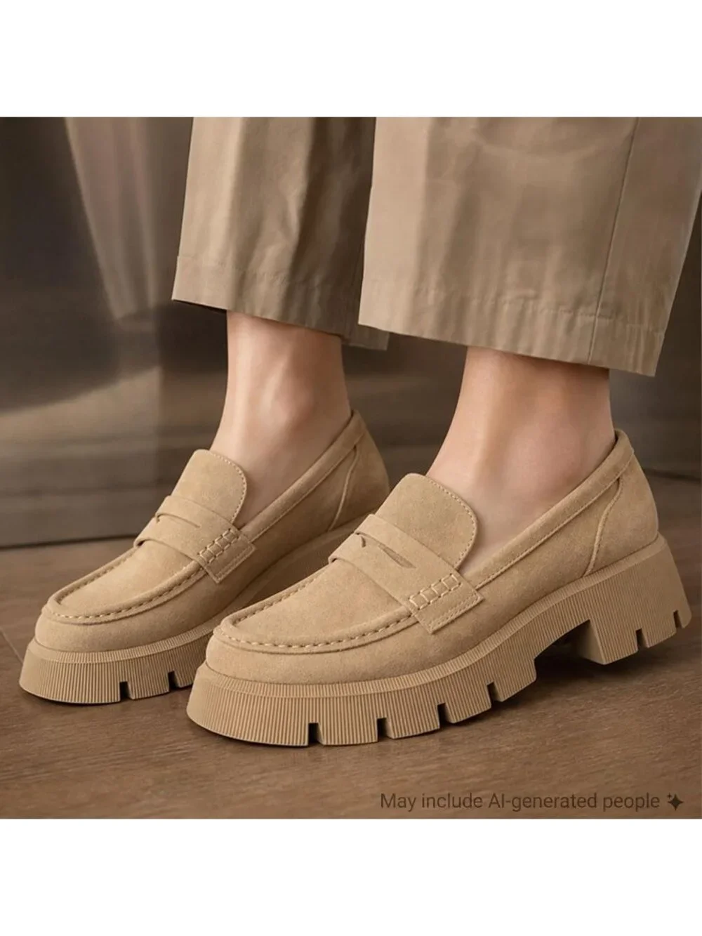 Women's Camel Round Toe Heeled Chunky Lug Sole Slip On Casual Penny Loafer Shoes